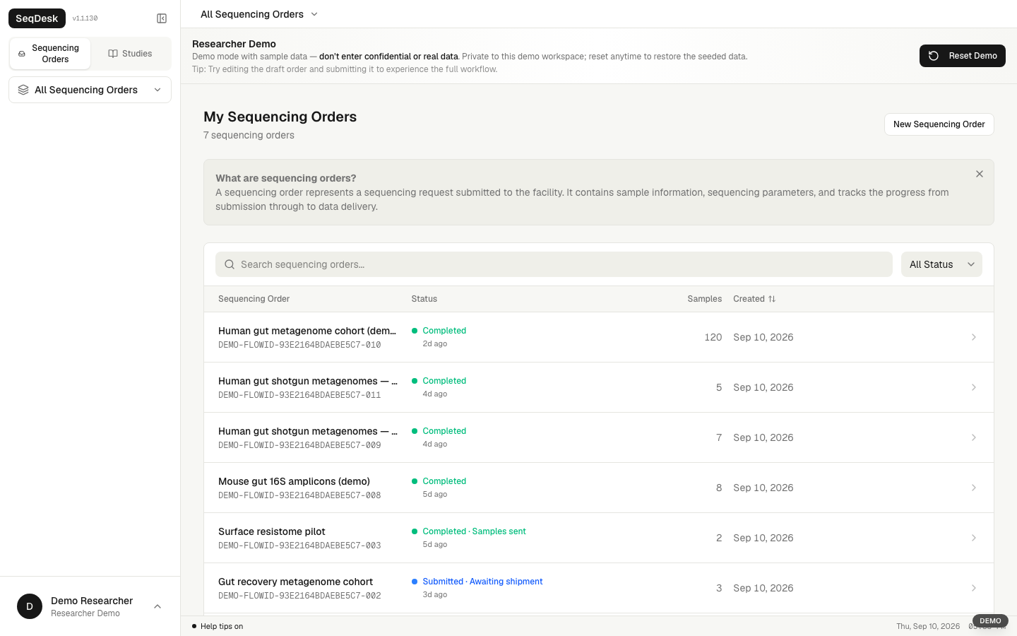 Actual SeqDesk researcher demo showing sequencing orders, sample counts and processing status.