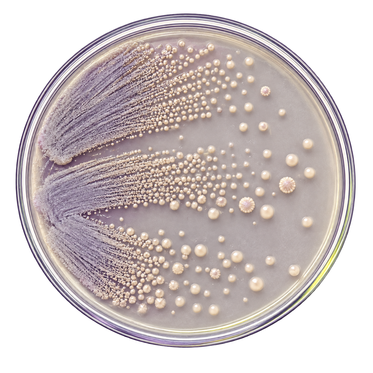 An overhead culture plate with bacterial streaks and isolated colonies in soft lilac.