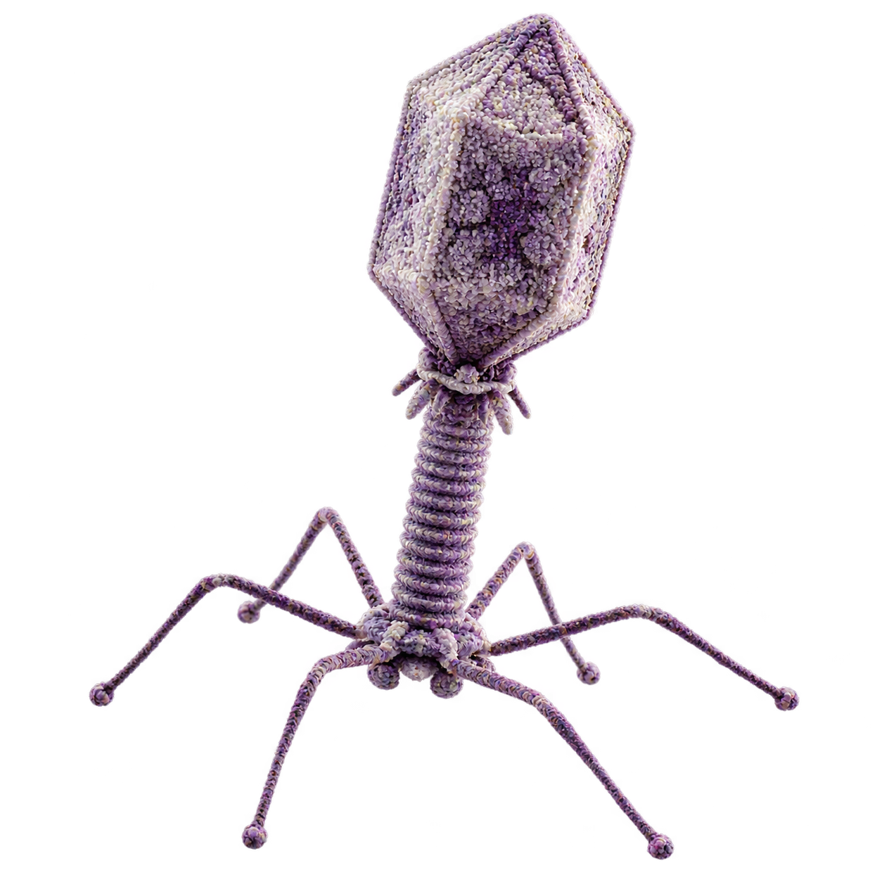 A bacteriophage with a textured faceted capsid, ribbed tail and fine splayed tail fibres