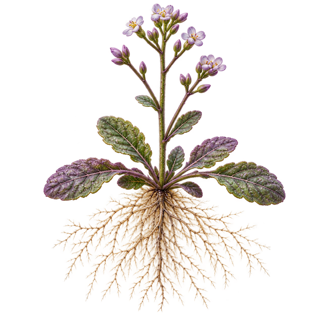A complete flowering plant with fine leaves and branching roots