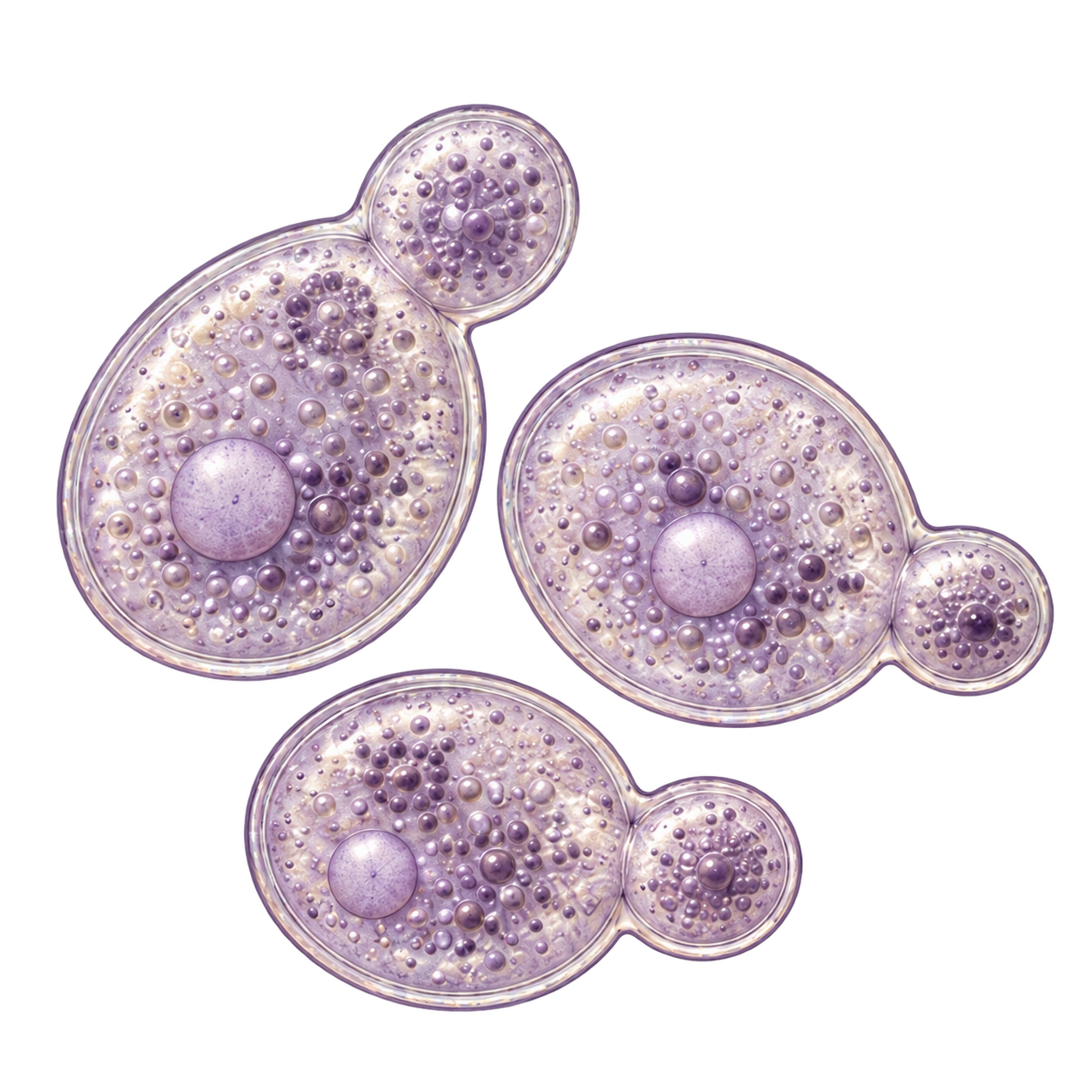 Budding yeast cells with translucent membranes and detailed interiors